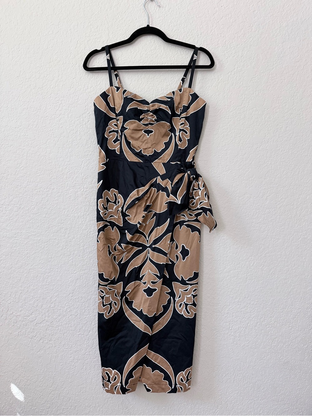 White House Black Market Black and Tan Floral Midi Dress with Side Tie